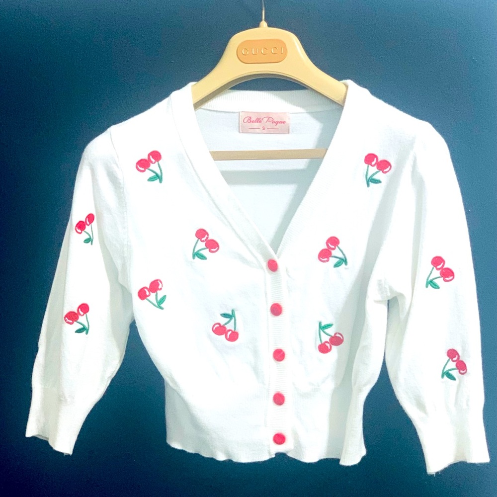 SOLD: Cherry White Short Sleeve Cardigans Small